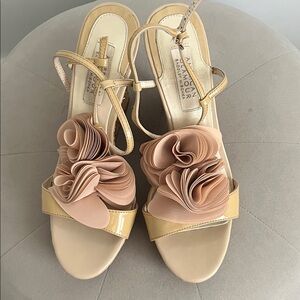 Badgley Mischka Nude Beige Floral Appliqué Slingback Heels